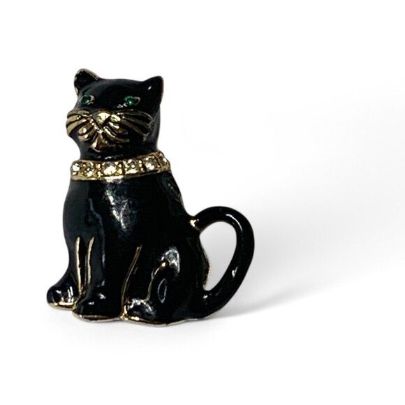 Monet Vintage Signed Black Cat Enamel Brooch With Rhinestone Collar & Green Eyes - Picture 6 of 7